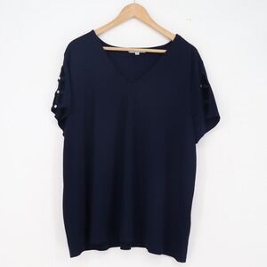89th + Madison Top Womens 2X V-Neck Navy Blue Rhinestone Lattice Sleeve